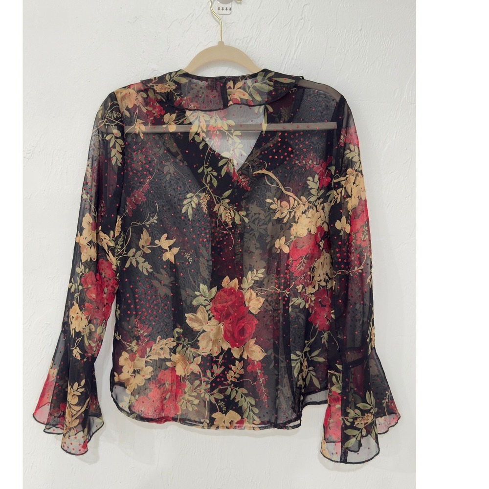 Dressbarn Vintage Sheer Floral Bell Sleeve Blouse Red Black Y2K Medium - Picture 4 of 8